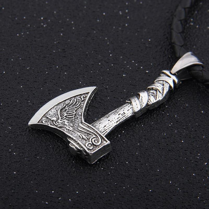 Mens Viking Wolf Raven Axe Pendant Necklace Stainless Steel Chain-xinru