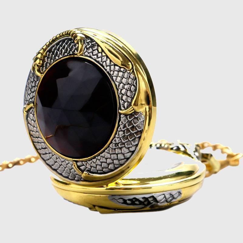 Red Garnet Inset Gold Tone Cover Pocket Watch Luxury Evil Dragon Quartz Clock-xinru