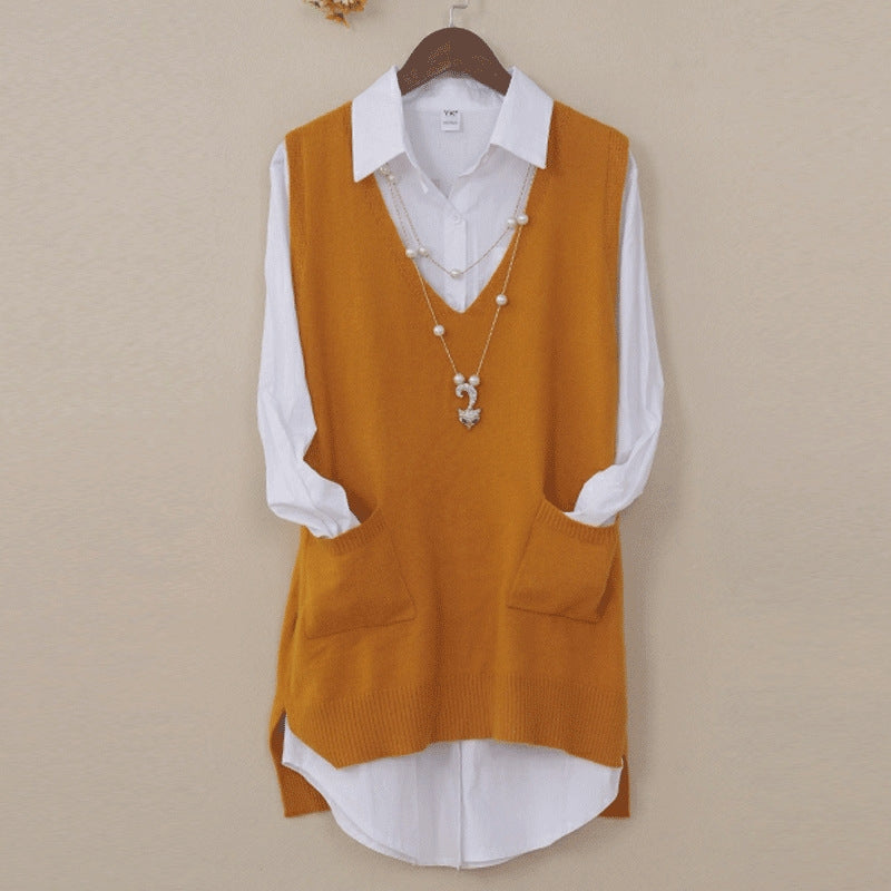 Mid-length Loose Sweater Vest Wool Bottom shirt V-neck Waistcoat-xinru