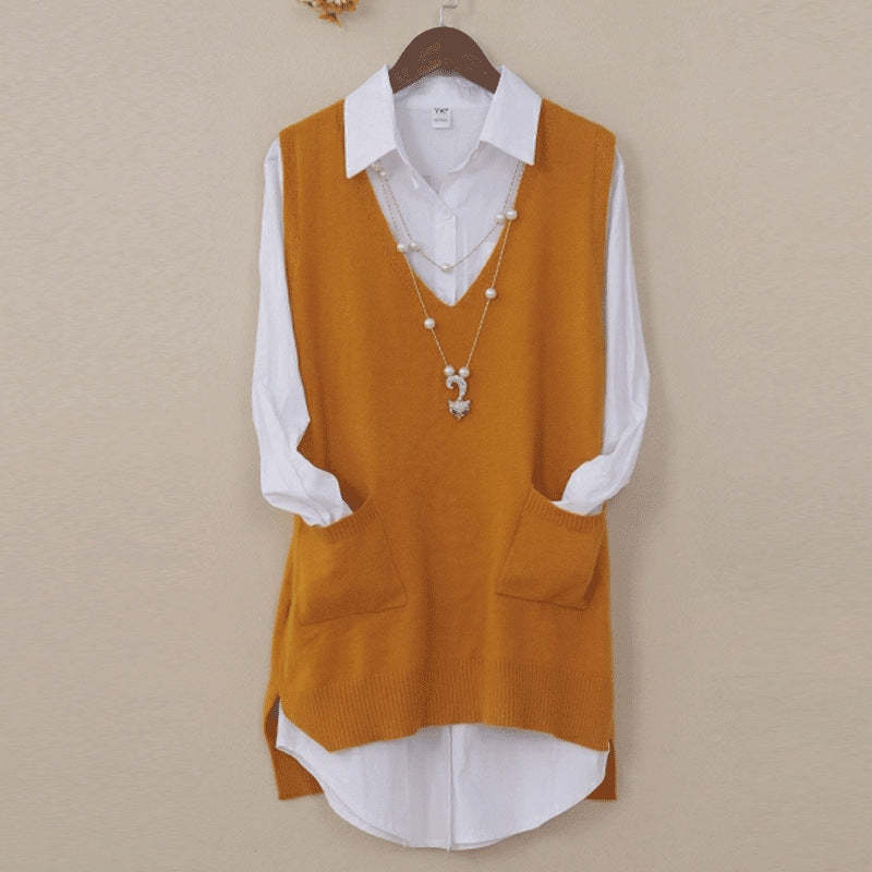Mid-length Loose Sweater Vest Wool Bottom shirt V-neck Waistcoat-xinru