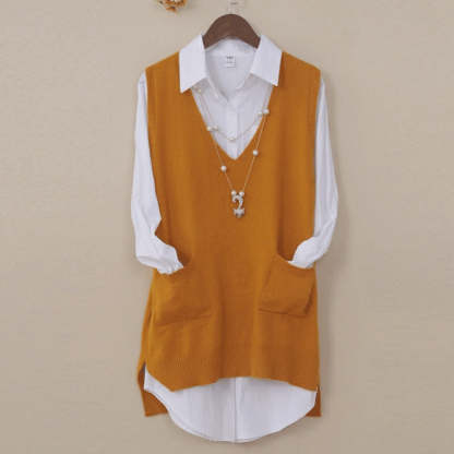 Mid-length Loose Sweater Vest Wool Bottom shirt V-neck Waistcoat-xinru
