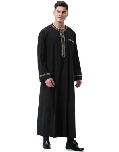 Men Round Neck Linen  Long Sleeve Muslim Islamic Clothing-xinru