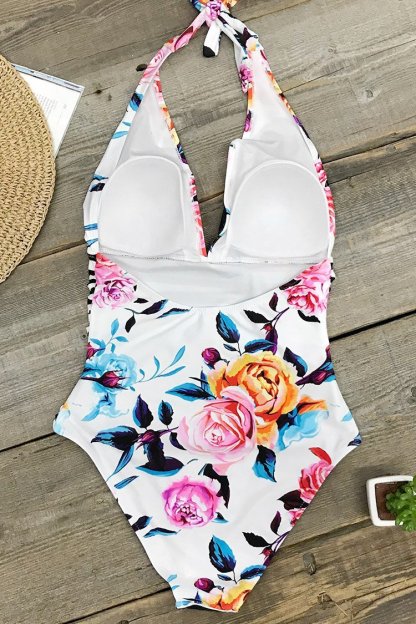Colorful Floral Stripe Halter One Piece V-neck Swimsuit-xinru shop