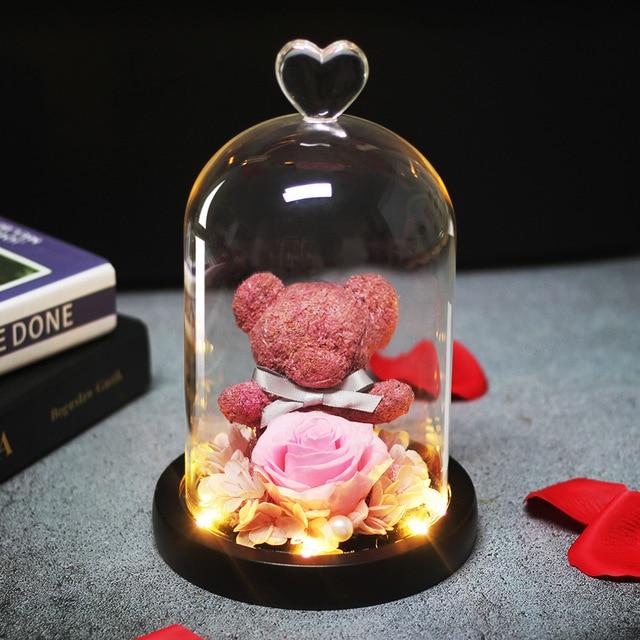 Immortal Preserved Rose Teddy Bear Glass LED Display-xinru