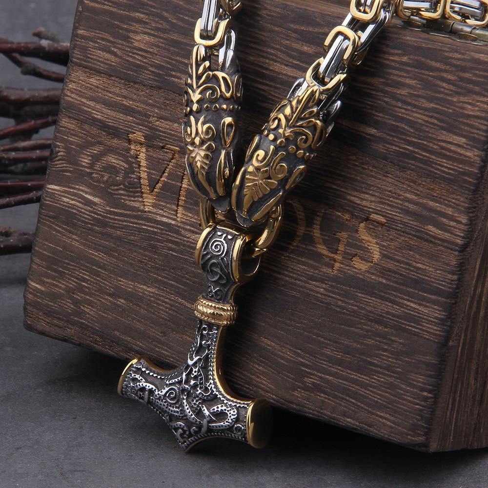 Viking Wolf Head Nordic Amulet Thor's Hammer Pendant Necklace-xinru
