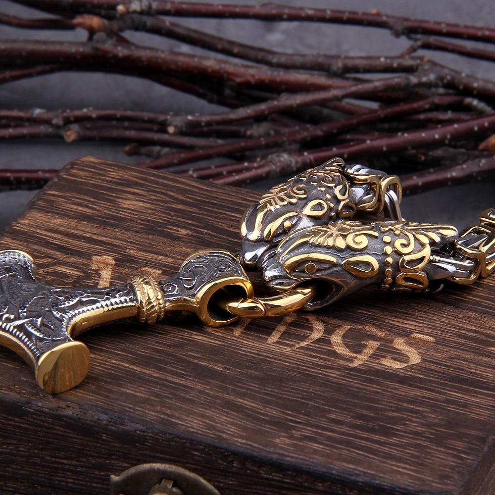 Viking Wolf Head Nordic Amulet Thor's Hammer Pendant Necklace-xinru