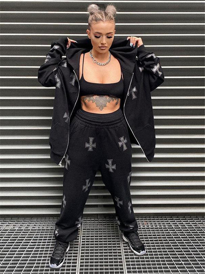 Black Gothic Cross Oversized Hoodie Rock Punk Zip Up Loose Rhinestone Jacket-xinru