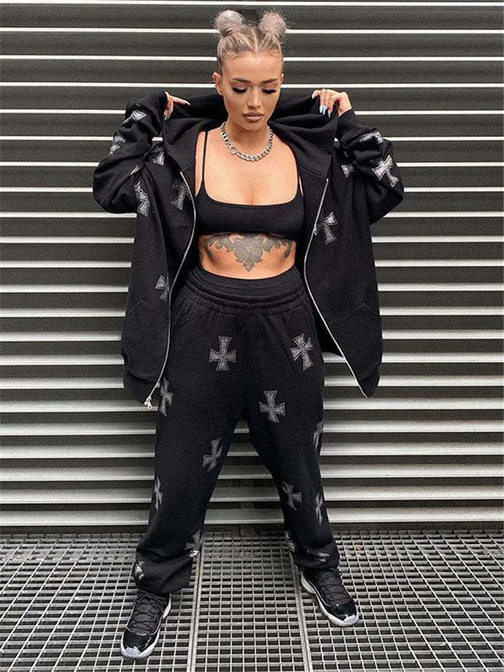 Black Gothic Cross Oversized Hoodie Rock Punk Zip Up Loose Rhinestone Jacket-xinru
