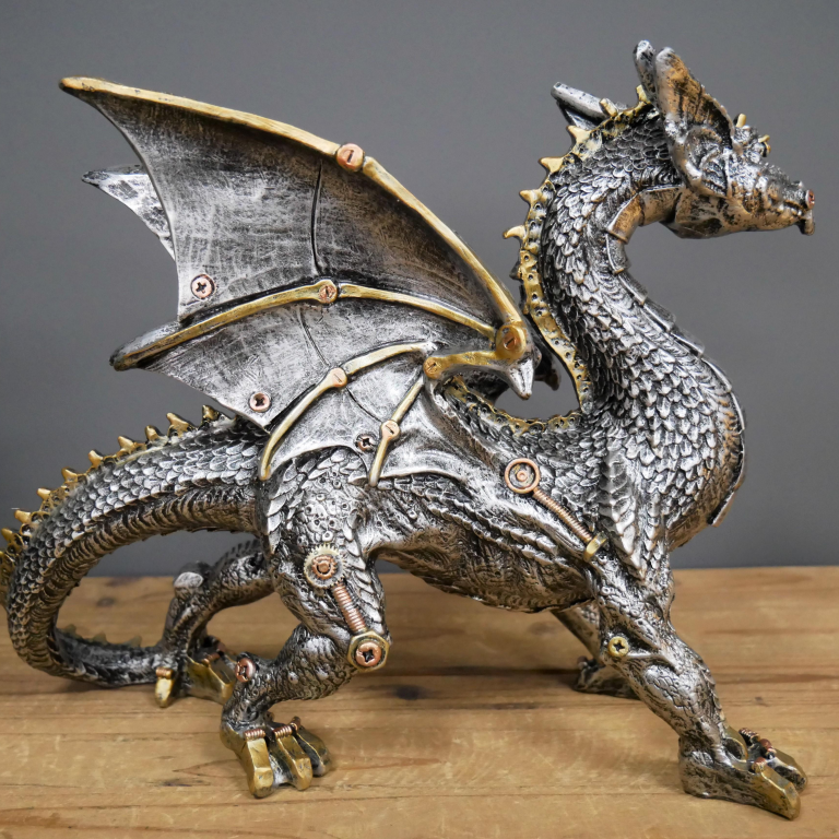 Metallic Silver and Gold Gothic Steampunk Dragon Statue-xinru