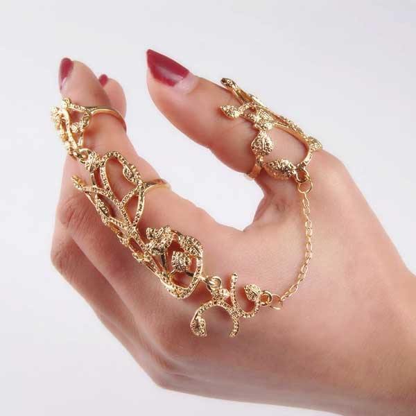 Crystal Flower Rhinestone Double Finger Rings-xinru