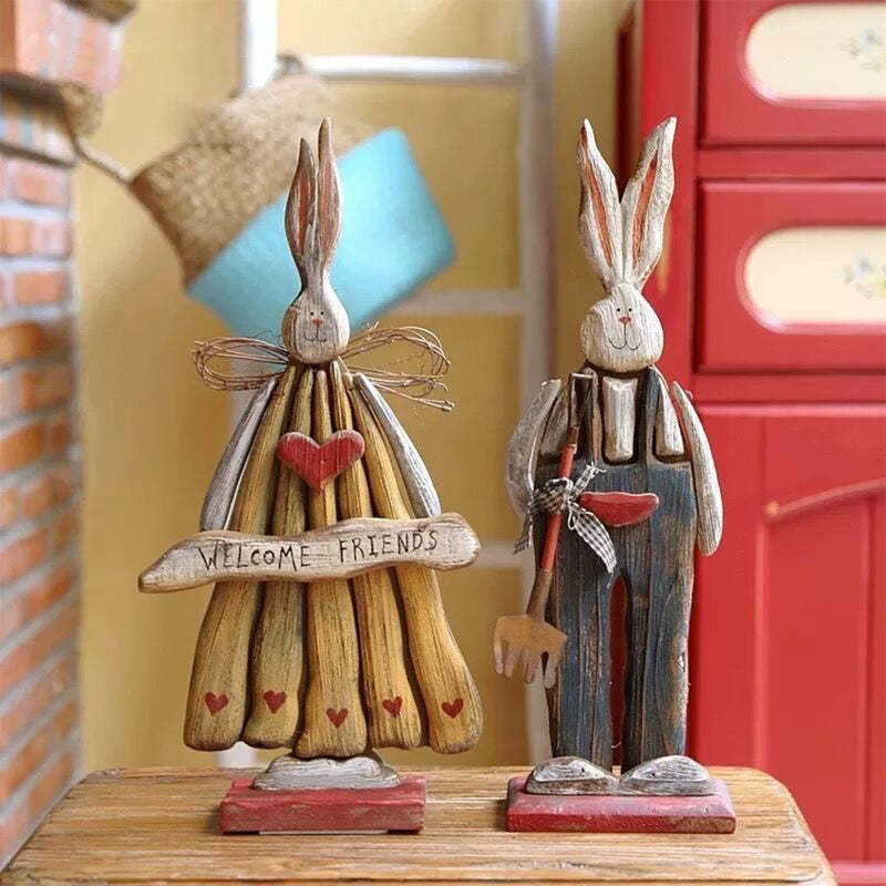 Retro Style Rabbit Shape Wooden Garden Statue Ornaments-xinru