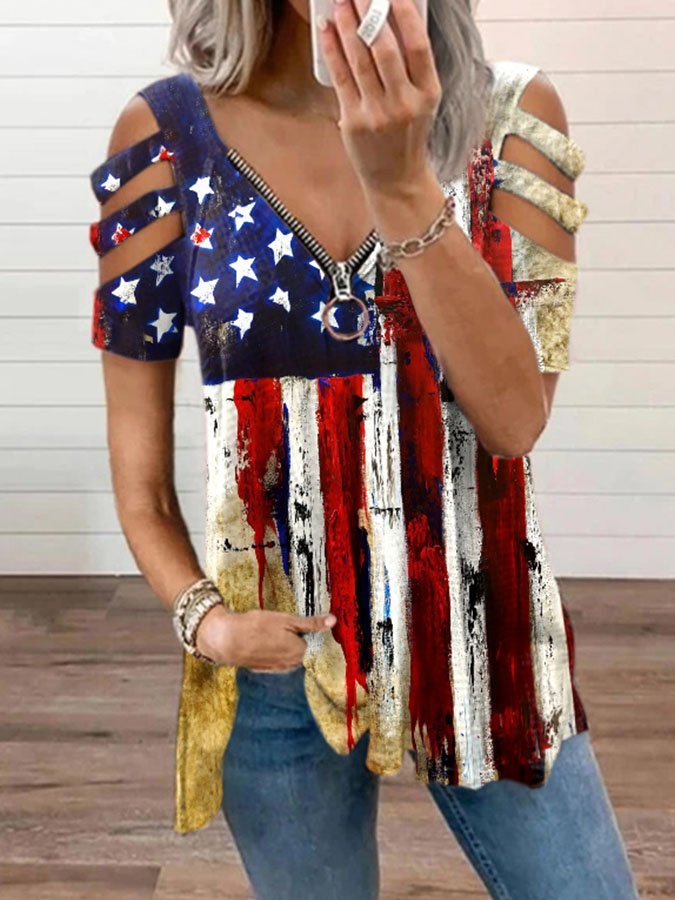 Women Independence Day Clothing Retro Flag Short Sleeve T-Shirt-xinru