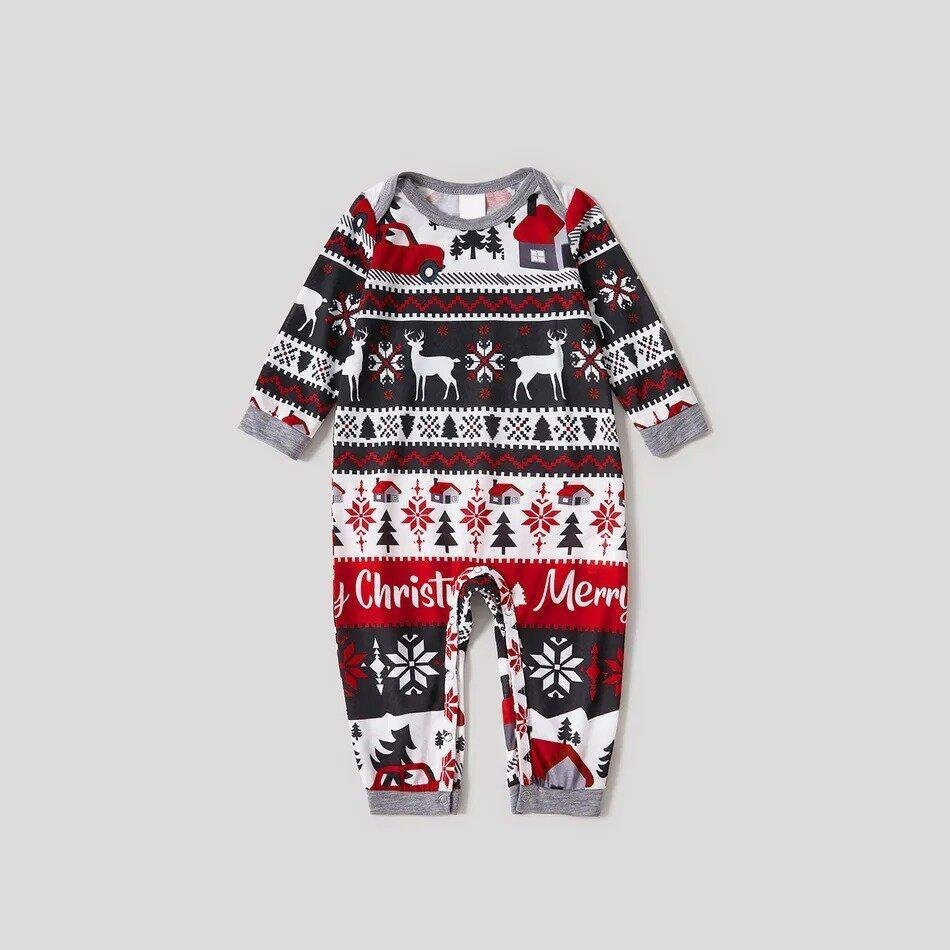 Christmas Tree House and Letter Print Grey Family Matching Raglan Long-sleeve Plus Size Pajamas Sets-xinru shop