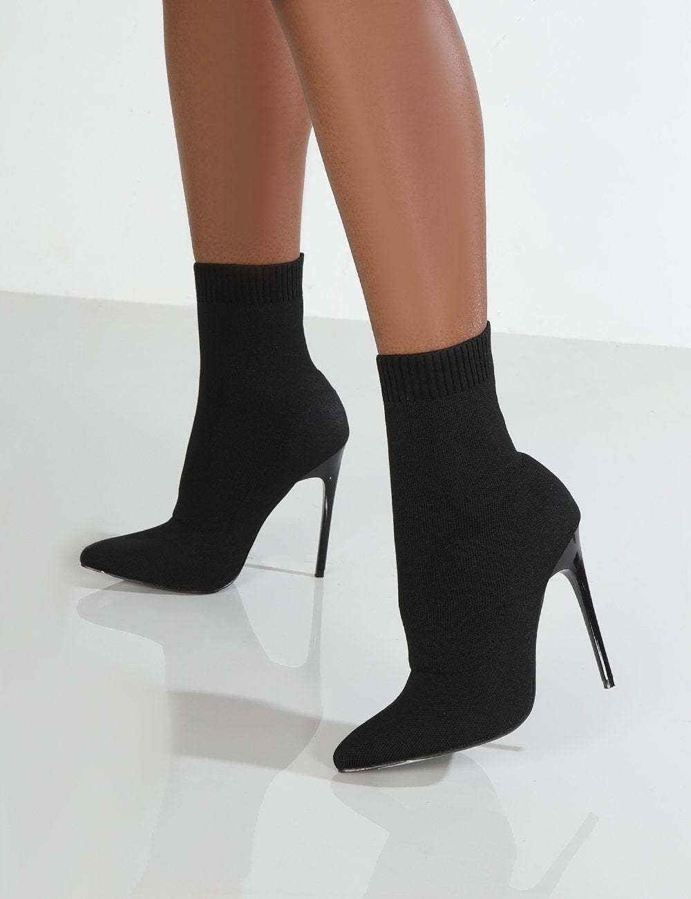 Pointy Toe High Heel Knit Stiletto Low Tube Ankle Martin Boots-xinru