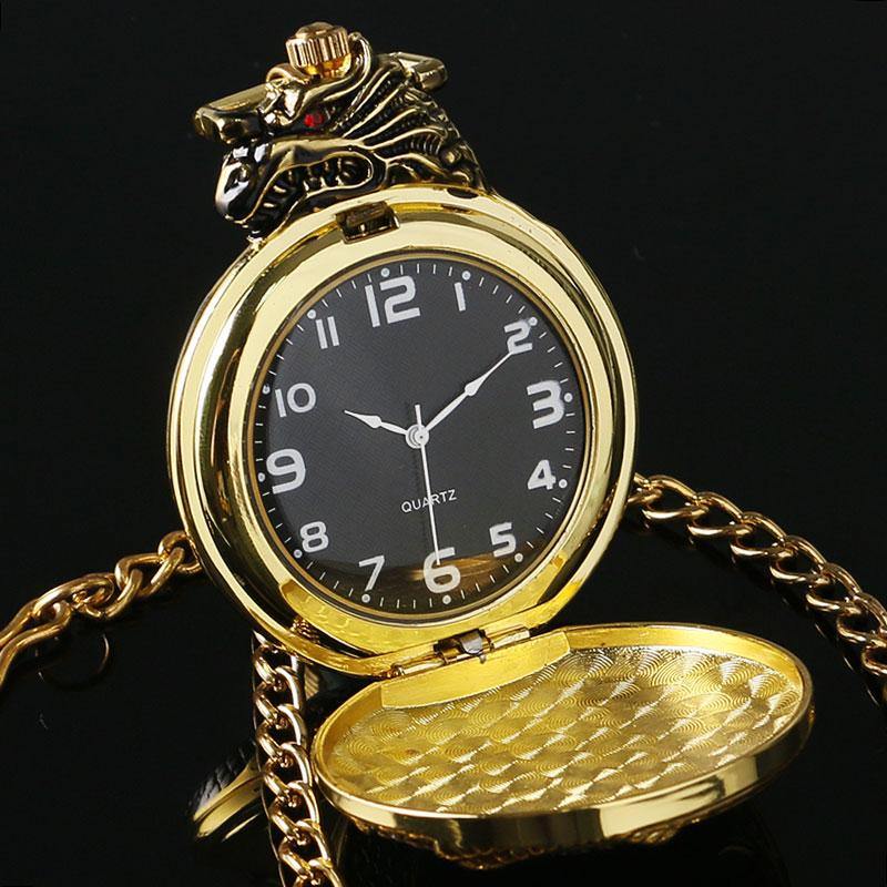 Red Garnet Inset Gold Tone Cover Pocket Watch Luxury Evil Dragon Quartz Clock-xinru