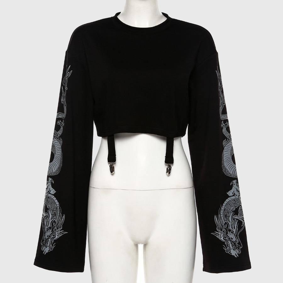 Women Midriff-baring Sweatershirt Dragon Print Sleeve Crop Tops With Chains-xinru