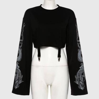 Women Midriff-baring Sweatershirt Dragon Print Sleeve Crop Tops With Chains-xinru