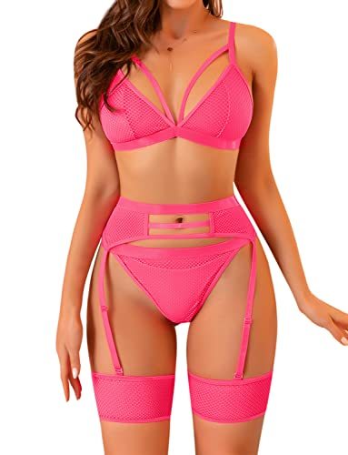 Women's 4 Pieces Exotic Lingerie Set Strappy Fishnet Lingerie Lace Bra and Panty Sets High Waisted Mesh Underwear-xinru shop