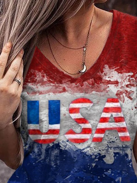 Women Independence Day Clothing Letter Contrast Print T-Shirt-xinru