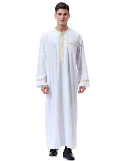Men Round Neck Linen  Long Sleeve Muslim Islamic Clothing-xinru