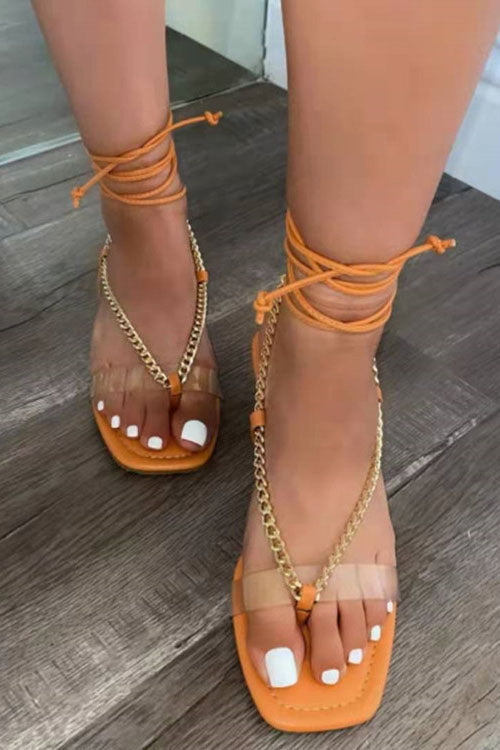 Women Square Toe Flip-Flops Metal Chain Strap Flat Sandals-xinru