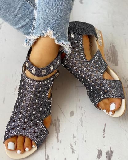 Women Sandals Ladies Wedges Sandals Crystal Fish Mouth Hollow Shoes-xinru
