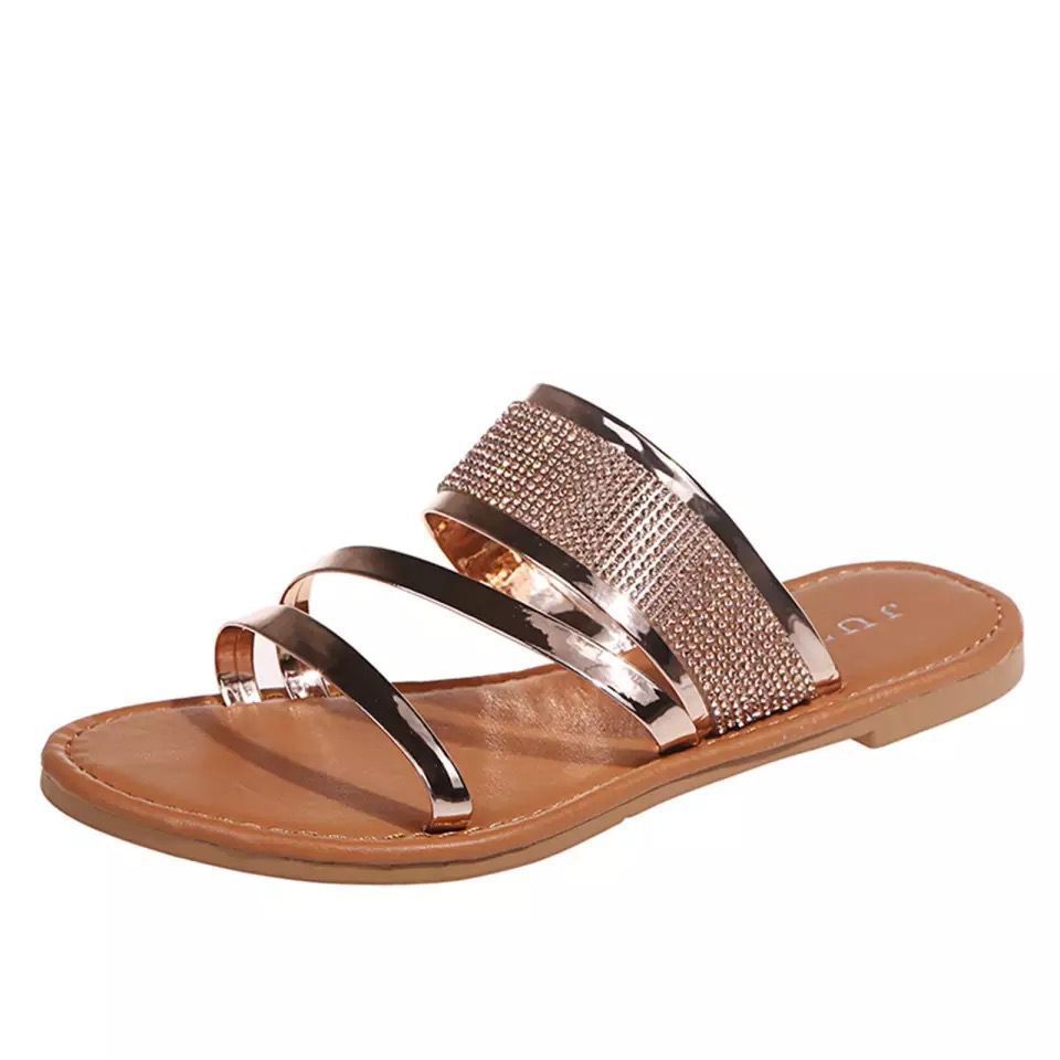 Women Metal reinstone Slide Flat Sandals-xinru