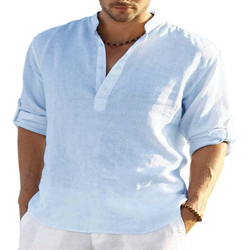 Men's Beach Cotton Linen Long Sleeve Shirt-xinru