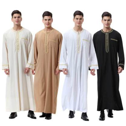 Men Round Neck Linen  Long Sleeve Muslim Islamic Clothing-xinru