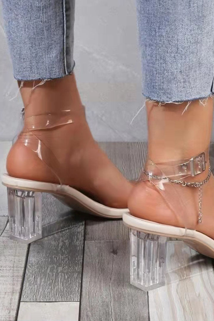 Transparent PVC Ankle Strap Chunky Heel Sandals-xinru