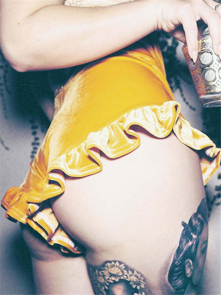 Women Velvet Shorts Casual High Waist Sexy Ruffle Shorts-xinru