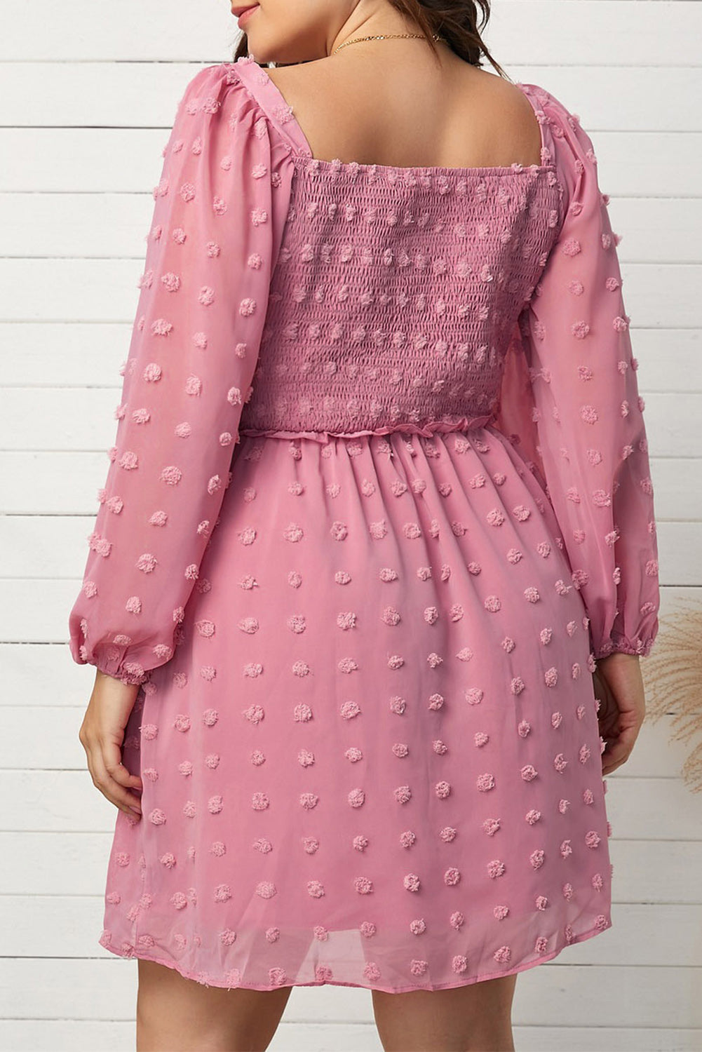 Pink Swiss Dot Smocked Puff Sleeve Plus Size Dress-xinru