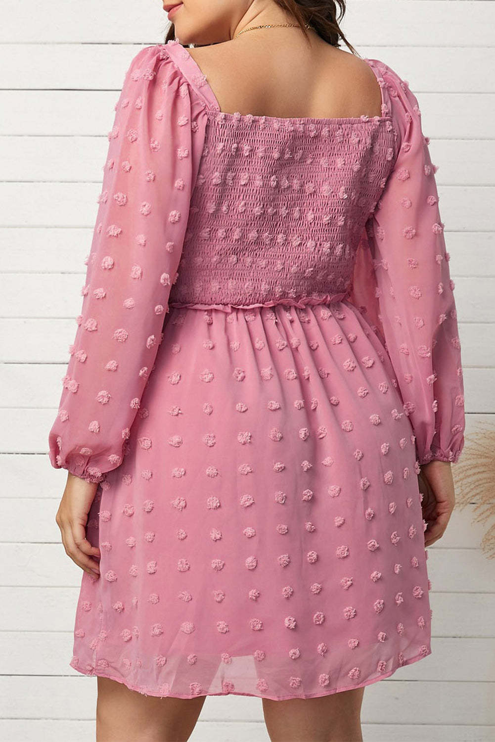 Pink Swiss Dot Smocked Puff Sleeve Plus Size Dress-xinru