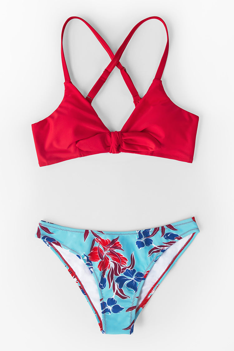 Red And Floral Print Low Rise Bikini-xinru