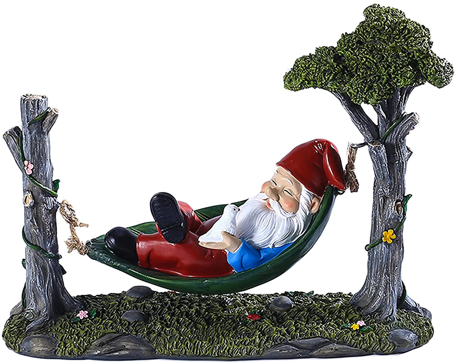 Garden Gnome Statue Lying In Hammock Hanging From Tree-xinru