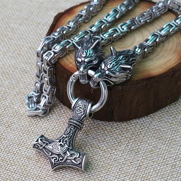 Stainless steel wolf head black king chain with black mjolnir-xinru