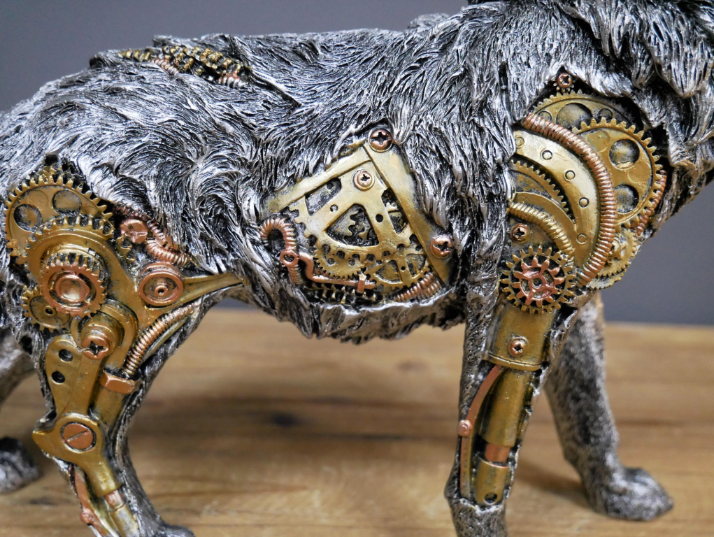 Steampunk Howling Wolf Robotic Alpha Wolf Statue On Sculpted-xinru