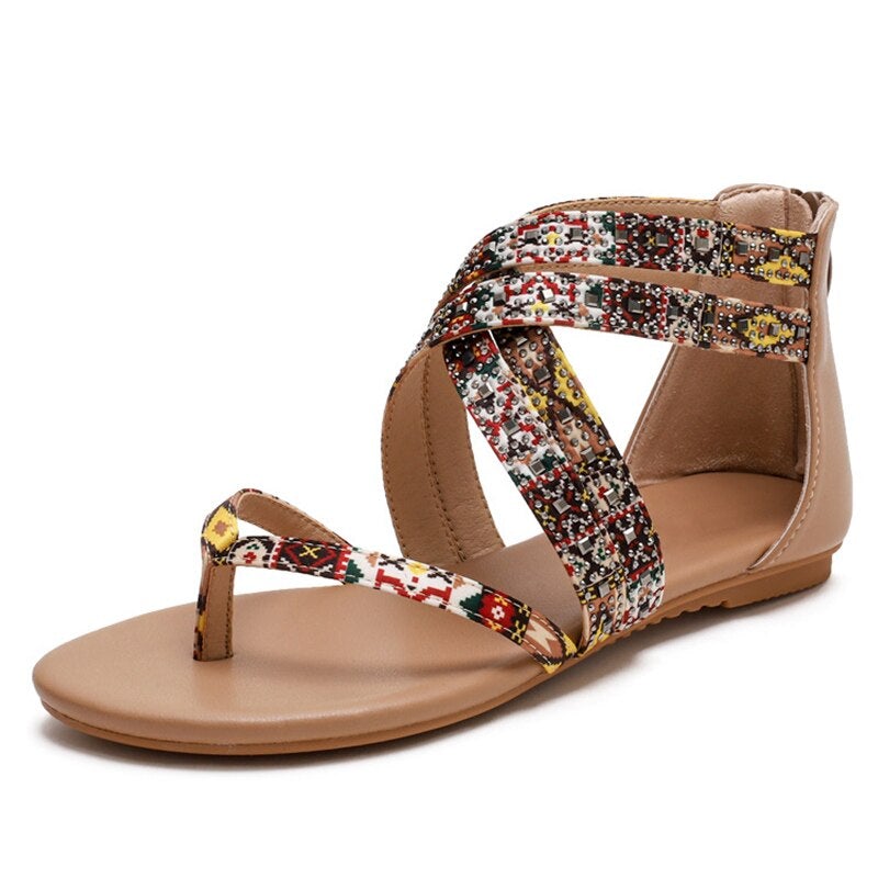 Women's Ethnic Floral Zipper Casual Flat Sandals 2022 Summer Clip Toe Retro Ladies Shoes-xinru