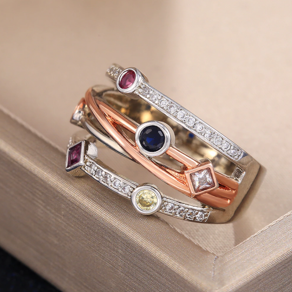 Colorful Multi-strand Cross Pattern Geometric Cubic Zirconia Rings-xinru