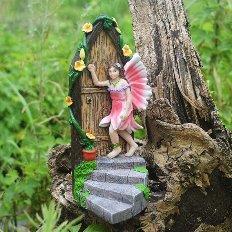 Fairy Garden Statue Small Elf Knocking On The Door Handmade Resin Art Ornament-xinru