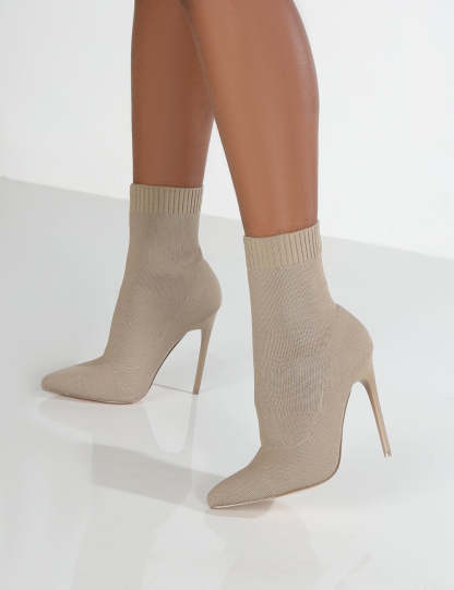 Pointy Toe High Heel Knit Stiletto Low Tube Ankle Martin Boots-xinru