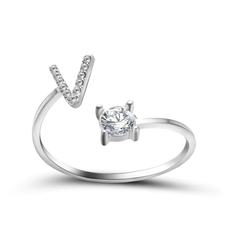 Golden Adjustable A-Z Personalized Initial Letter with Rhinestone Rings-xinru