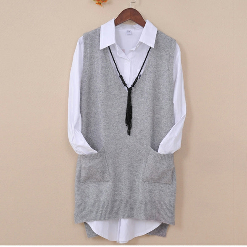 Mid-length Loose Sweater Vest Wool Bottom shirt V-neck Waistcoat-xinru