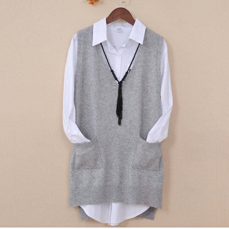 Mid-length Loose Sweater Vest Wool Bottom shirt V-neck Waistcoat-xinru
