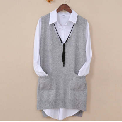Mid-length Loose Sweater Vest Wool Bottom shirt V-neck Waistcoat-xinru