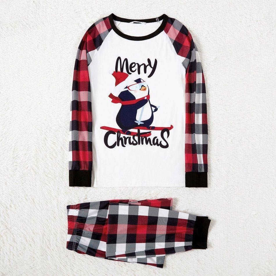 Plus Size Christmas Penguin on Sleigh and Letter Print Family Matching Raglan Long-sleeve Plaid Pajamas Sets-xinru shop