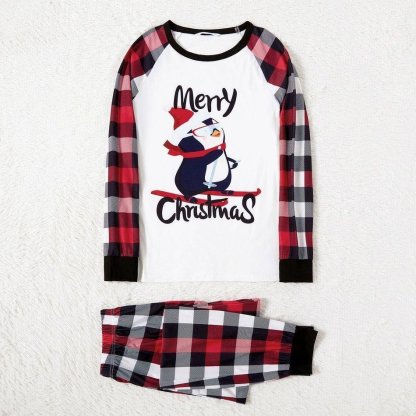 Plus Size Christmas Penguin on Sleigh and Letter Print Family Matching Raglan Long-sleeve Plaid Pajamas Sets-xinru shop