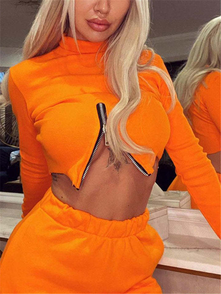 Women High Neck Sexy Zipper Solid Color Crop Tops-xinru