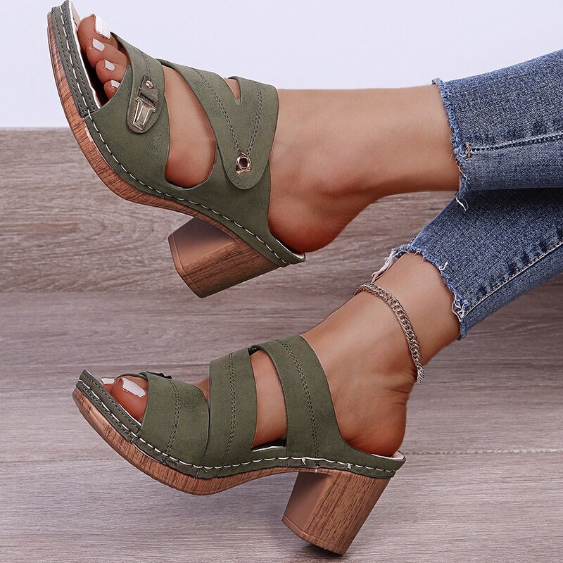 New Fashion High-heeled Women Leather Sandals-xinru