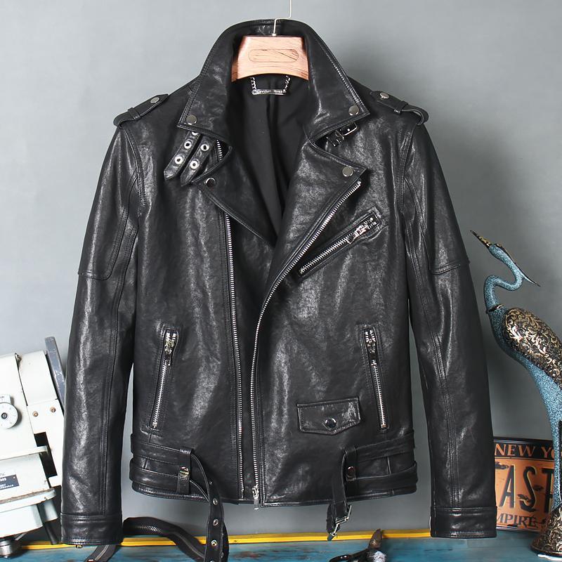 Men's Diagonal Zipper Leather Jacket-xinru shop